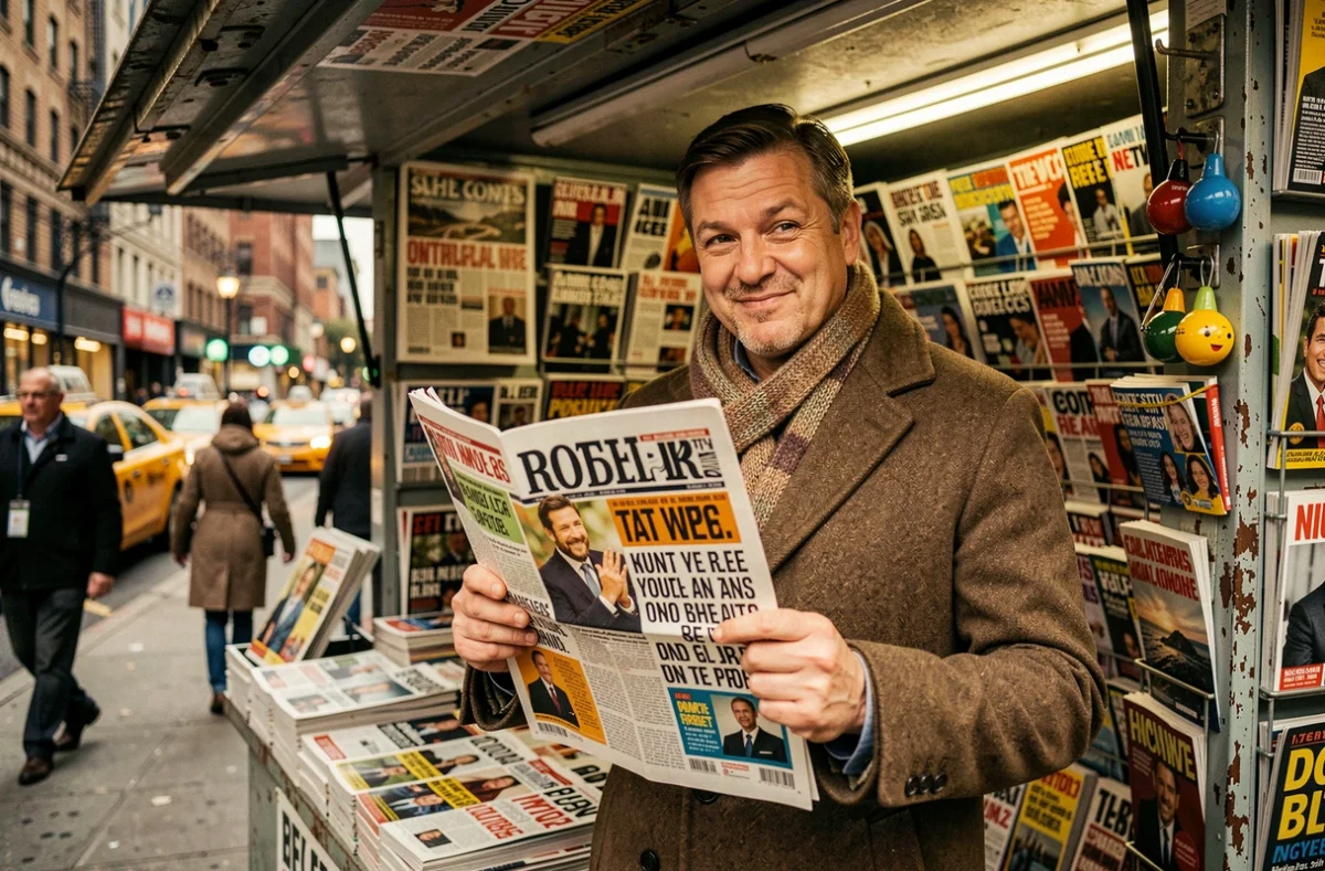 Homme souriant en manteau de laine lisant un journal insolite devant un kiosque à journaux animé en ville