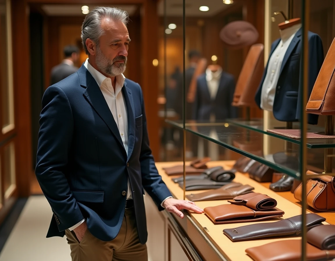 Homme parcourant des articles en cuir Hermès dans une vitrine de grand magasin lors d'une promotion exclusive