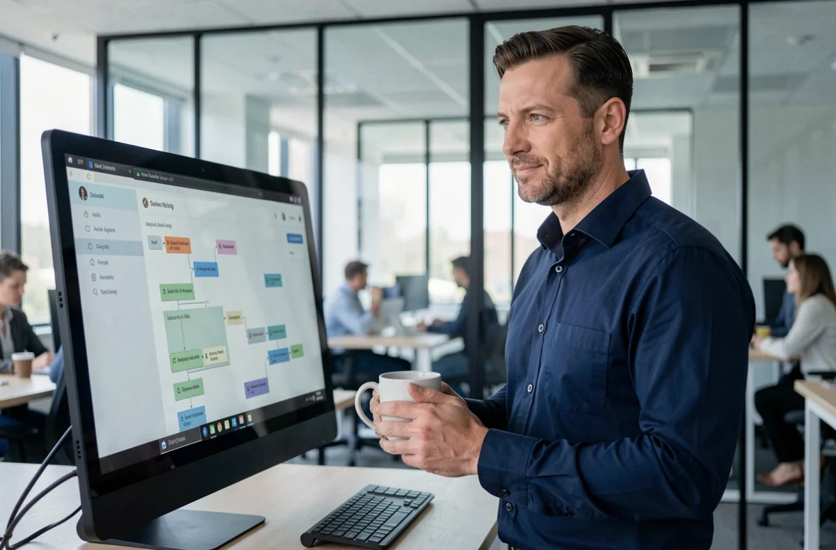 Homme consultant un plan de navigation de site web sur écran tactile dans un bureau moderne