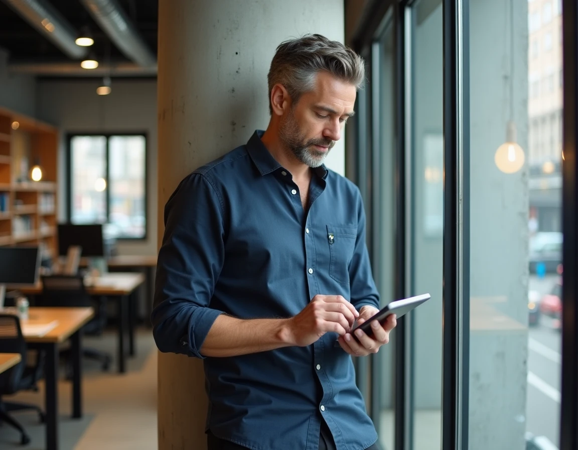 Homme consultant une plateforme de blogging sur tablette dans un espace de coworking contemporain