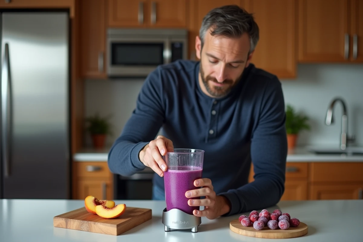 Homme préparant un smoothie aux fruits surgelés avec un Nutribullet dans une cuisine moderne