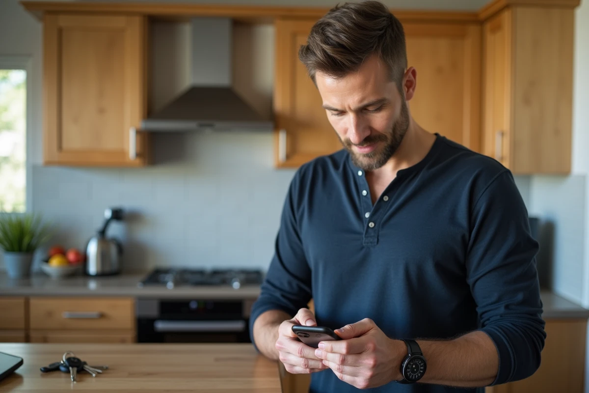 Man posting a paid ad on Leboncoin from his smartphone in a modern kitchen