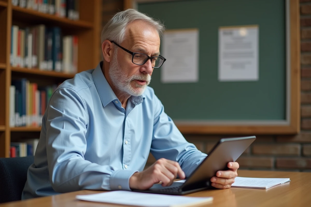 Homme remplissant des formulaires en ligne à la bibliothèque