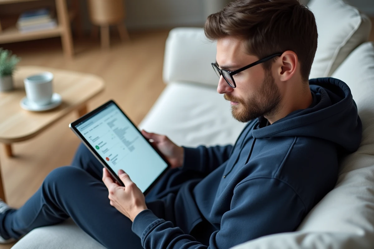 Man consulting a sitemap on a tablet in a modern living room, facilitating web navigation
