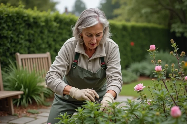 Femme d'âge moyen en jardinage prune des arbustes
