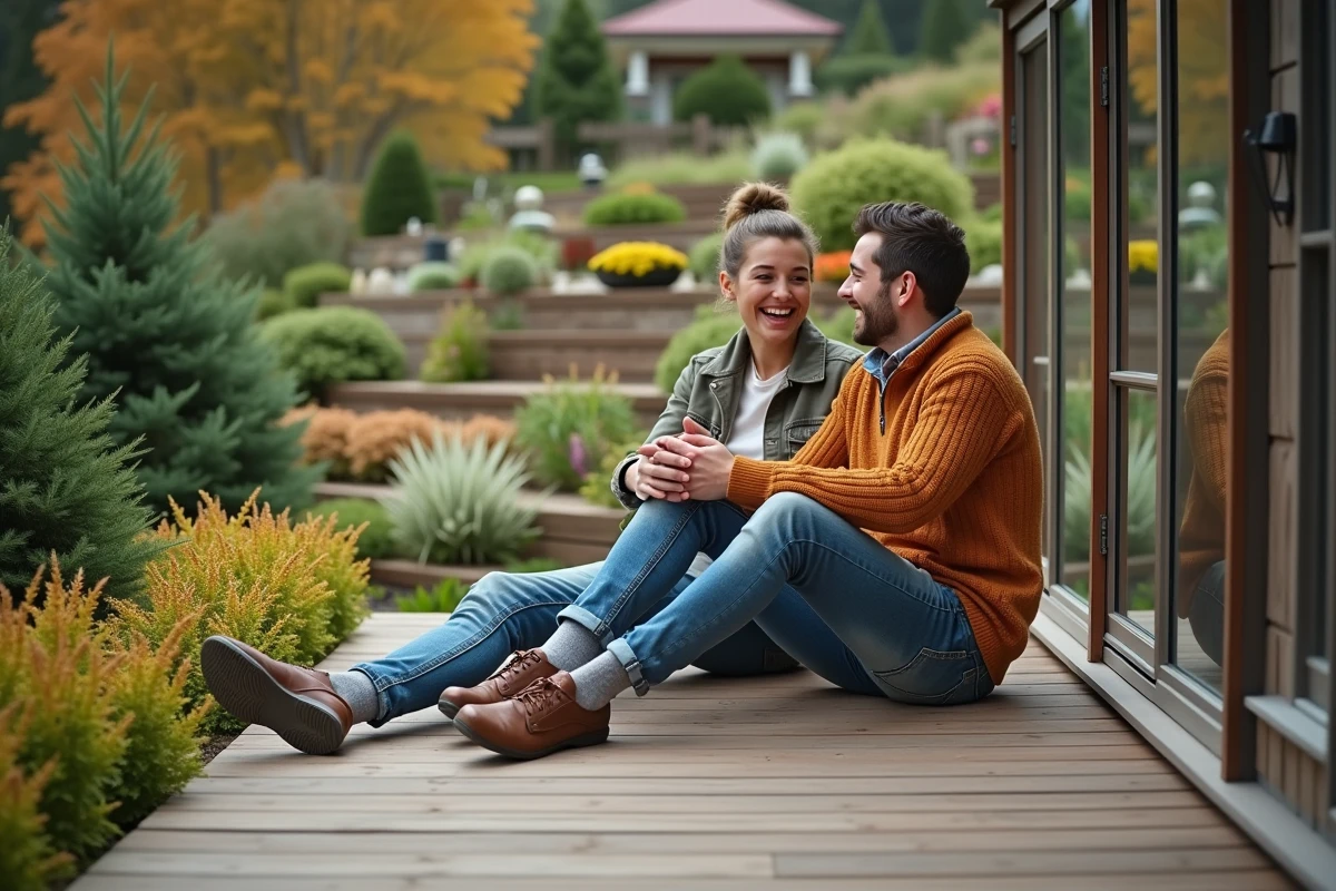 Jeune couple discutant dans un jardin en terrasse