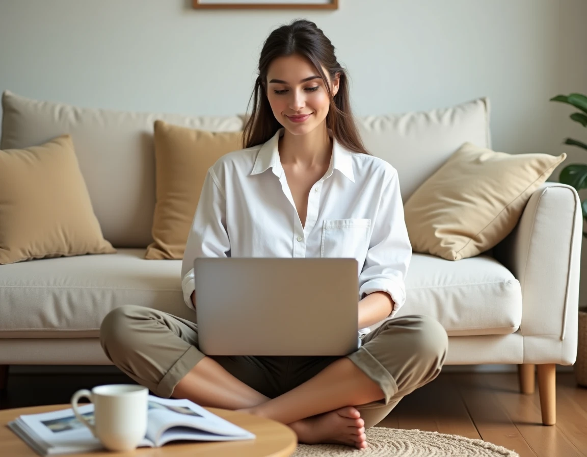 Jeune femme explorant les fonctionnalités d'une plateforme de blog depuis son canapé à domicile