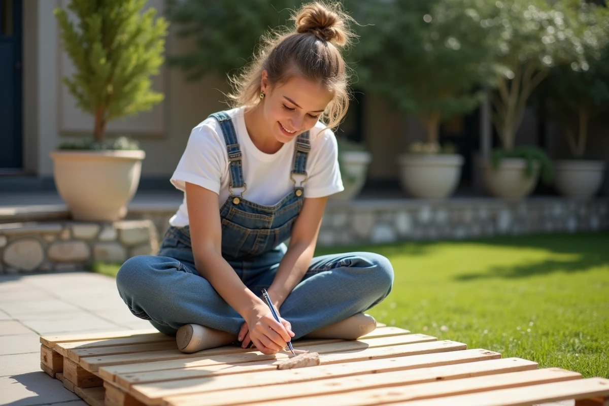 Jeune femme en overalls marquant un point de drill sur une palette