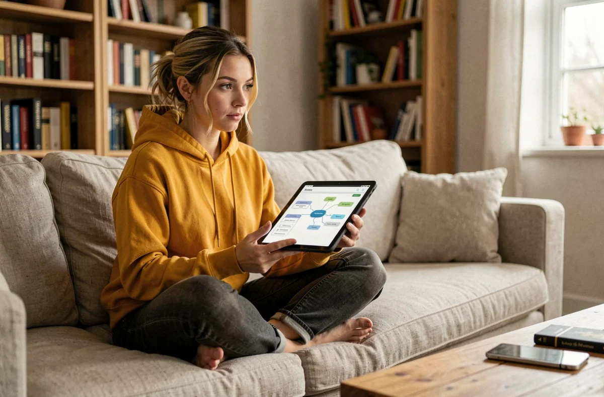 Jeune femme explorant un plan de site sur tablette installée confortablement dans son salon
