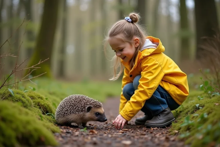 Jeune fille en jaune observe un hérisson en forêt