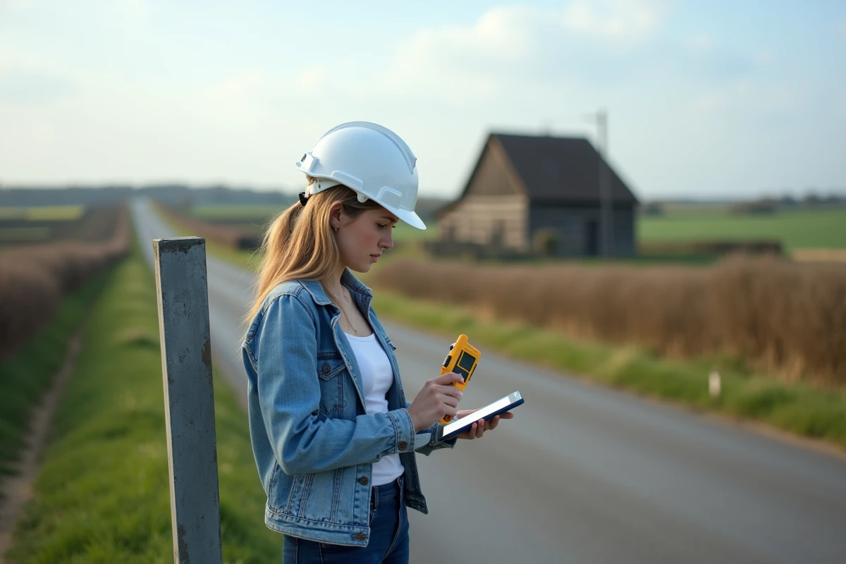 Jeune femme utilisant GPS sur route rurale