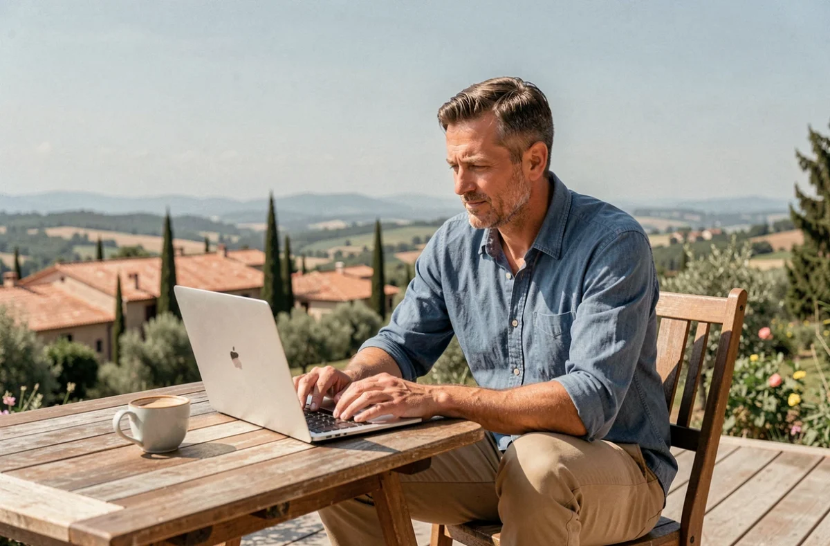 Homme travaillant sur une terrasse en bois d'une location de vacances avec vue panoramique sur la campagne