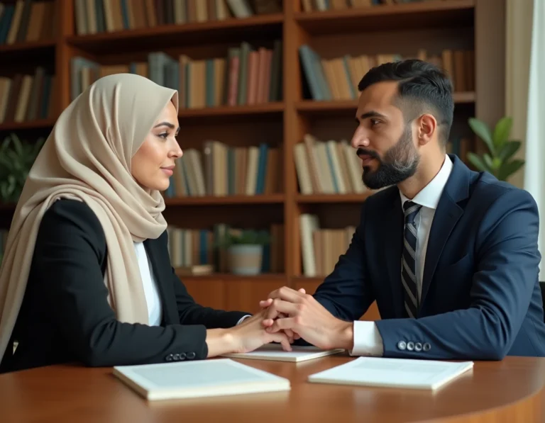 Couple musulman participant à une cérémonie de mariage à distance par appel vidéo, chacun devant des textes islamiques