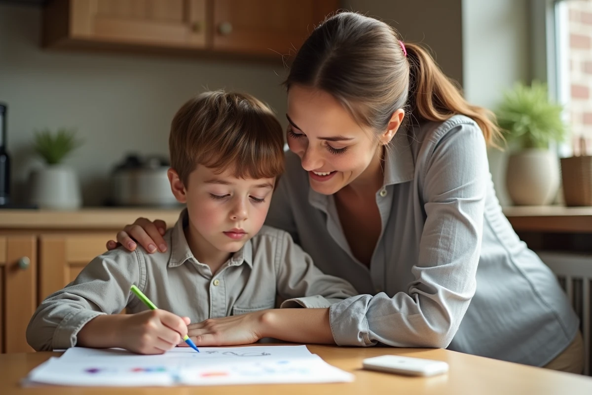 Mère attentive aidant son enfant à dessiner à la table de cuisine, moment du quotidien familial