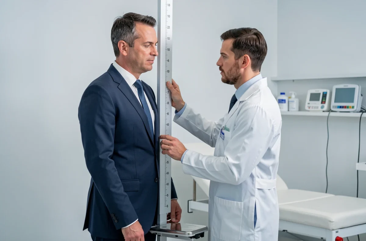Mesure de la taille d'un homme adulte chez le médecin avec un stadiomètre, dans un contexte médical professionnel