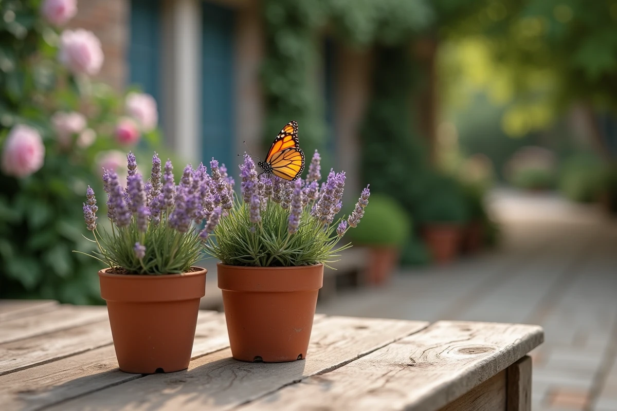Papillon posé sur un pot de lavande en terre cuite dans un jardin de campagne, vue en plongée légère ultra-réaliste