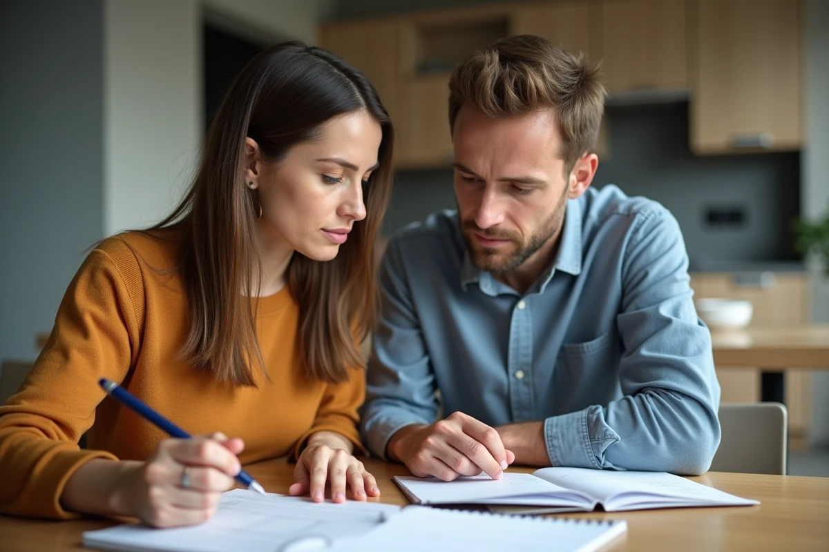 Deux parents organisant ensemble le quotidien familial autour d'un carnet de planning sur la table