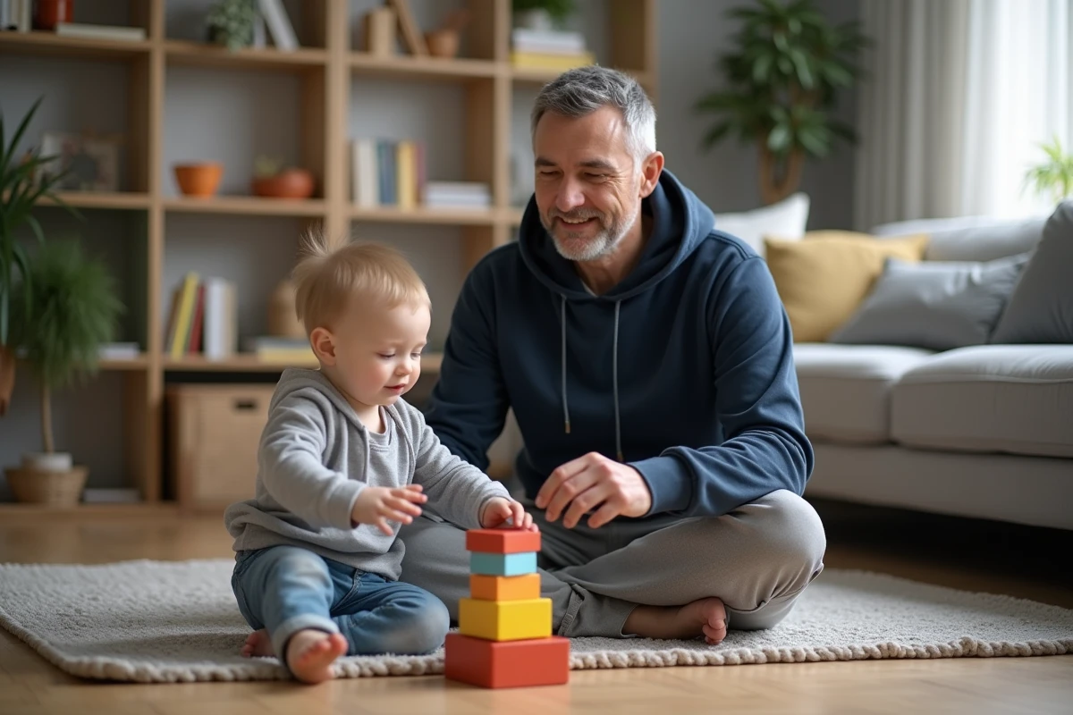 Père jouant avec son tout-petit sur le tapis du salon, accompagnement parental bienveillant