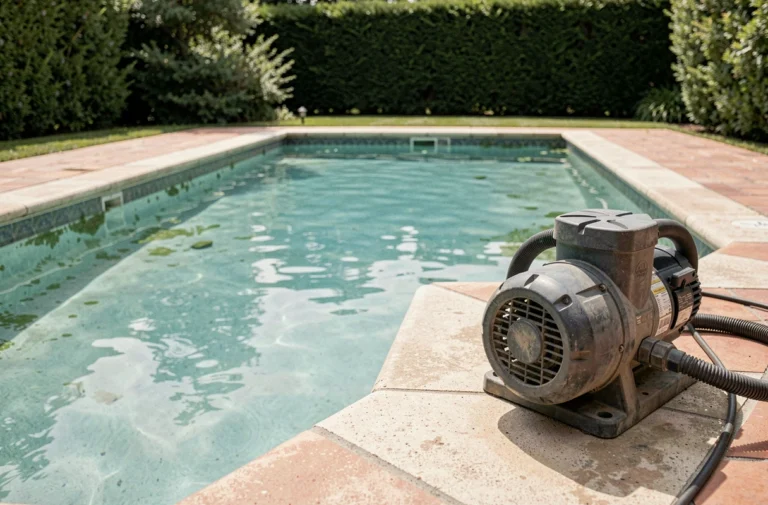 Piscine résidentielle avec pompe éteinte et eau légèrement trouble, illustration du risque lié à l'arrêt de la filtration