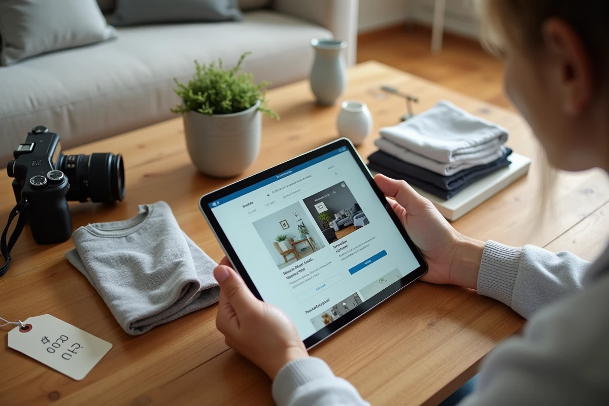 Table with used items and tablet displaying Leboncoin ad rates to prepare for a sale