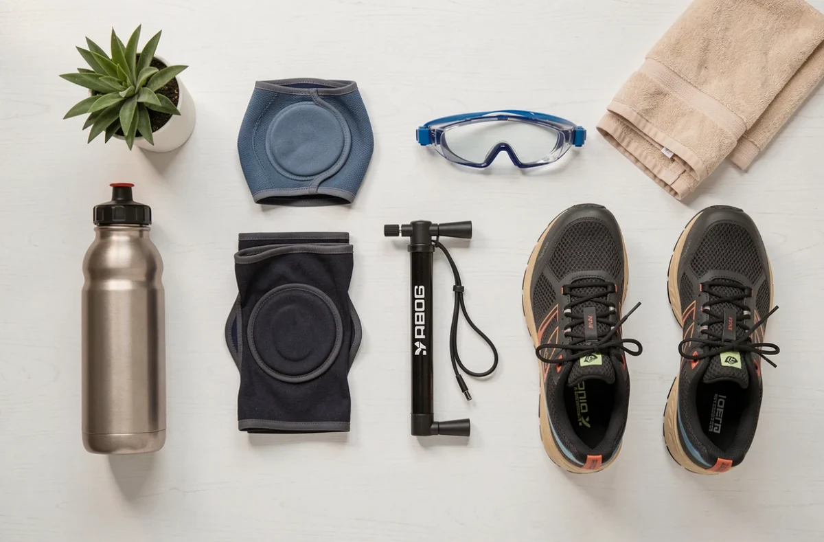 Sélection d'équipements et accessoires de sport, loisirs et mobilité présentés en flat-lay sur fond blanc