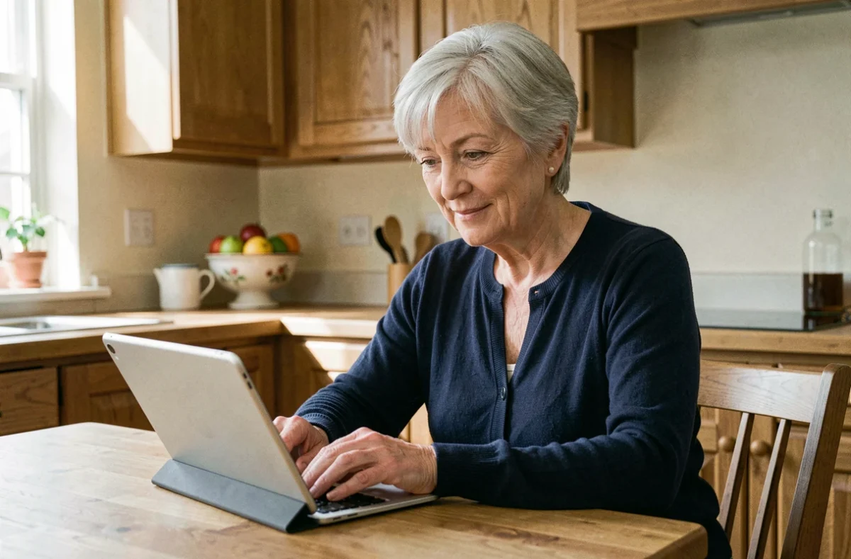 Senior femme souriante utilisant une tablette numérique dans une cuisine chaleureuse à domicile