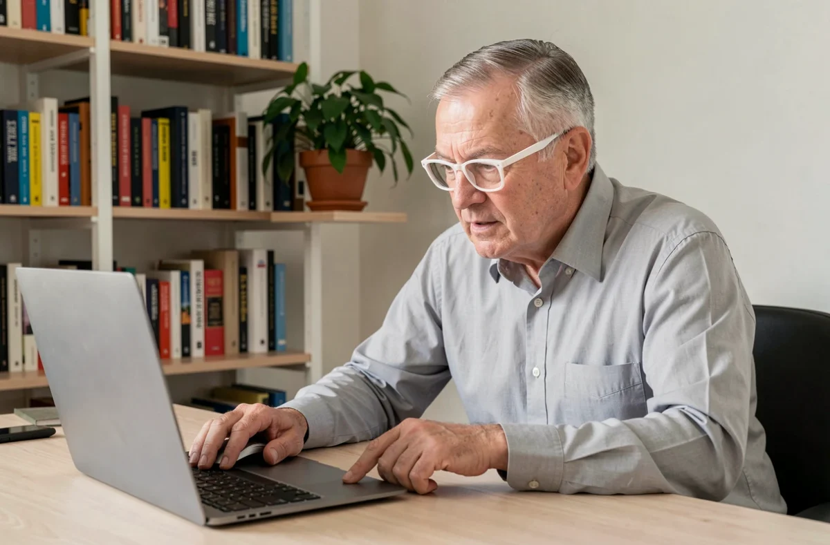 Senior homme avec lunettes naviguant sur internet depuis un bureau à domicile bien organisé