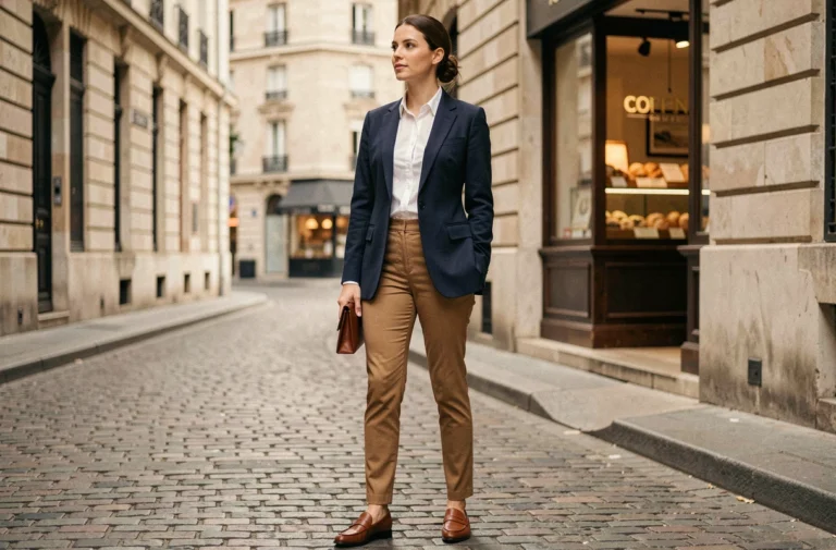Femme parisienne élégante en blazer marine et pantalon camel sur un boulevard haussmannien, incarnant le style à la française
