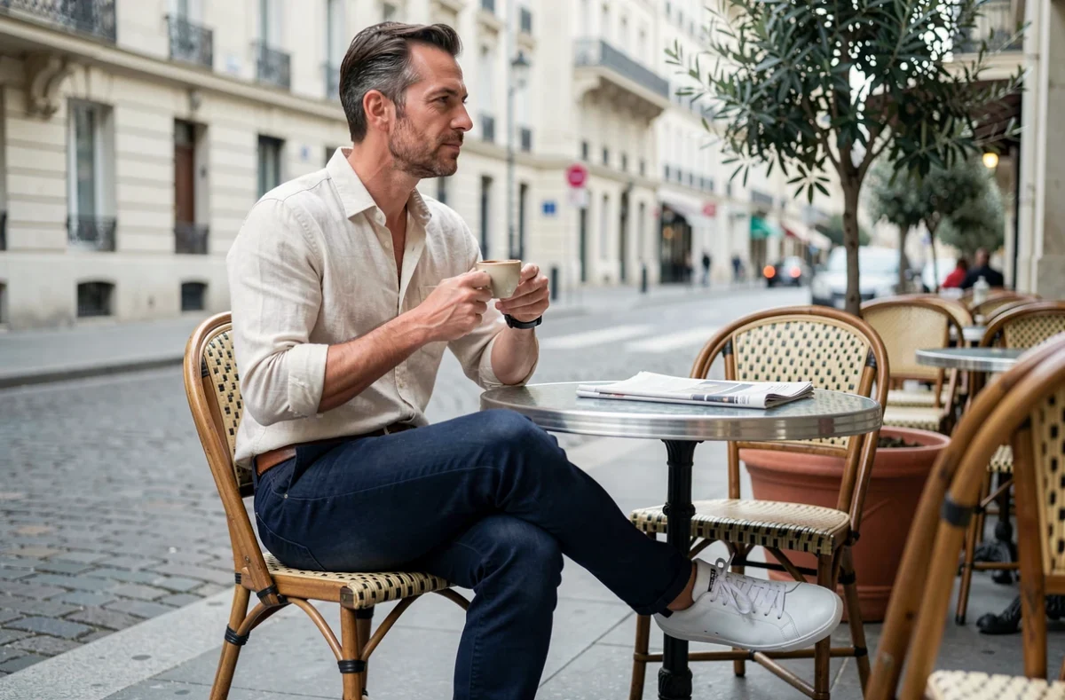 Homme élégant en chemise en lin et jean indigo attablé à une terrasse de bistrot parisien, style décontracté chic à la française