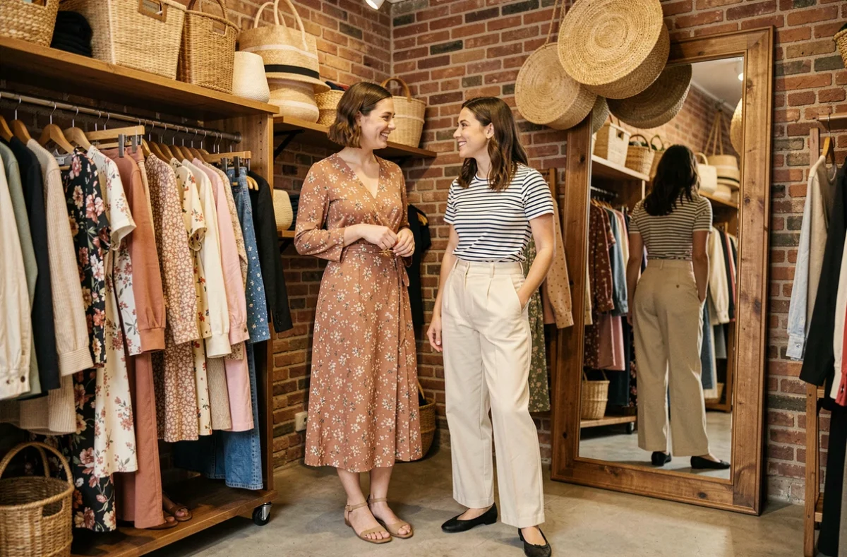 Deux jeunes femmes élégantes faisant du shopping dans une boutique vintage du Marais à Paris, illustrant la mode féminine à la française