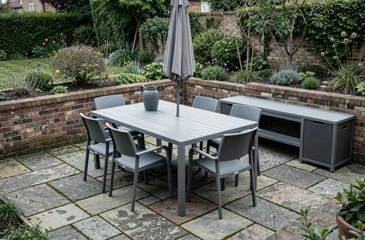 Terrasse familiale aménagée avec une table extensible en aluminium et des chaises empilables pour grande famille