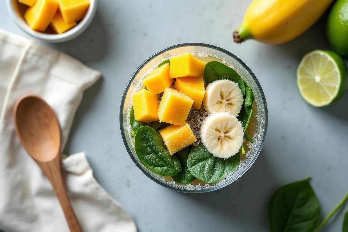 Vue de dessus d'un cup Nutribullet rempli de fruits surgelés mangue banane et épinards sur béton gris